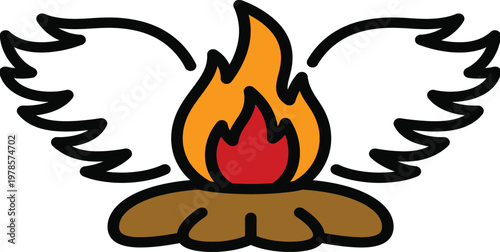 "Cartoon Campfire with Spread Wings Logo Design in Orange and Brown — Winged Flame, Freedom Spirit, Adventure Brand and Tribal Mascot Concept"