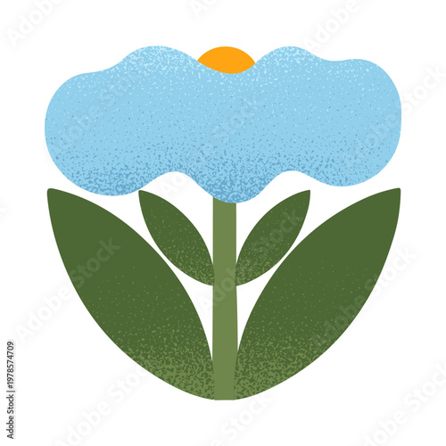 Abstract blue flower with green leaves.Bold floral element with soft grain texture.Modern decorative blooming plant for prints,cards,patterns,branding,packaging.