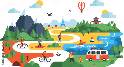 People enjoy outdoor activities in a scenic landscape with mountains, water, and transportation