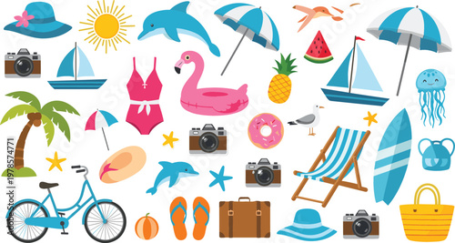 Summer beach vacation elements collection with umbrella, dolphin, bicycle, swimsuit, pineapple, surfboard, suitcase, and seaside travel icons vector illustration set