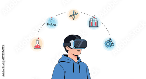 Person wearing a virtual reality headset with floating circular icons representing biology, chemistry, and engineering hovering above in a bright space.