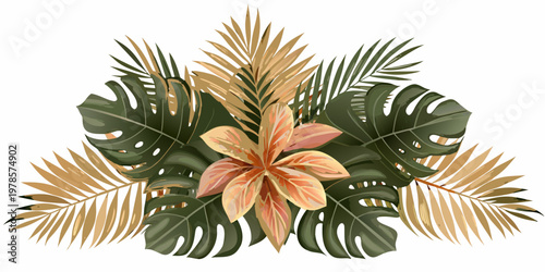 Tropical leaves and a peach colored flower in a botanical arrangement