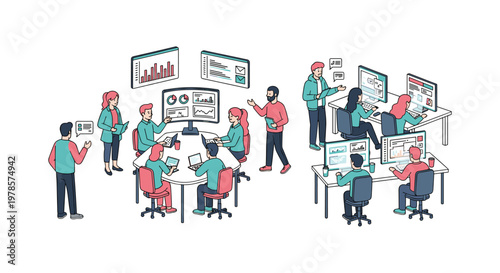 Professional team members collaborate in an isometric office environment while analyzing complex data charts on multiple computer screens and monitors.