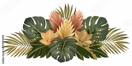 A vibrant and colorful botanical arrangement of tropical leaves and flowers
