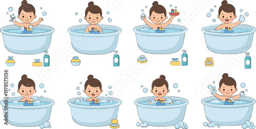 Cute Baby Bath Time Collection with Bubbles, Toys, and Bath Products – Vector Illustration Set