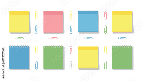 Colorful Sticky Notes and Clips: An overhead shot showcases an array of vibrant sticky notes, interspersed with paper clips, creating a dynamic visual of organization and note-taking.