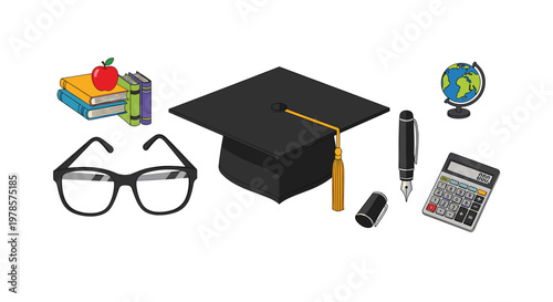Academic collection featuring a black graduation cap, reading glasses, a miniature globe, a calculator, and a fountain pen on a clean white background.