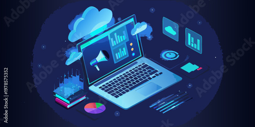 Isometric illustration depicting data analysis cloud computing and digital marketing