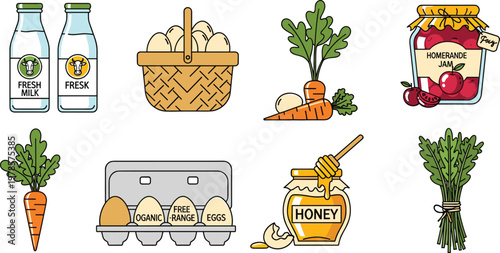 Fresh Food and Organic Items Vector Set Featuring Milk, Eggs, Honey, Carrots, and Homemade Goods for Natural, Farm, and Food Designs