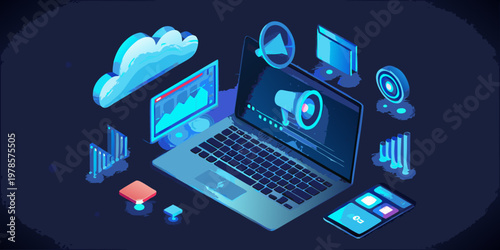 Isometric illustration showcasing digital communication and modern technology concepts