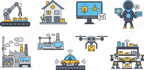 Technology and Automation Vector Set Featuring Robots, Drones, Factories, and Smart Homes for Innovation, Industry, and Digital Designs