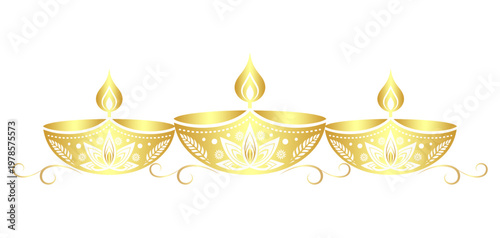 Vector illustration of three beautifully ornamented golden colored diwali diyas with gracefully burning flames