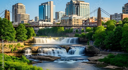 Scenic Waterfall and Cityscape - A Picturesque Urban Landscape.