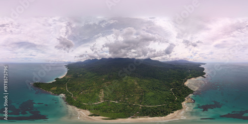High altitude 360 panorama revealing the narrow cross-section of Palawan island with mountain peaks dense jungle dual coastlines and turquoise waters near Puerto Princesa Philippines