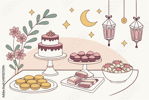 A festive illustration of sweet treats and decorations for a special occasion