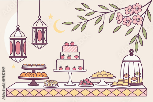 A colorful illustration of a dessert table with various sweet treats and decorations for a special occasion