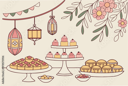 A colorful illustration of a dessert table with various sweet treats and decorations