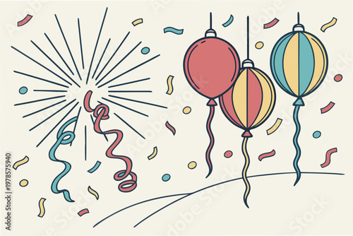 A colorful illustration of balloons and confetti celebrating a festive occasion