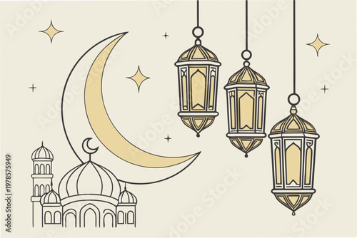 A minimalist vector illustration of a mosque, crescent moon, and lanterns for Ramadan or Islamic celebrations