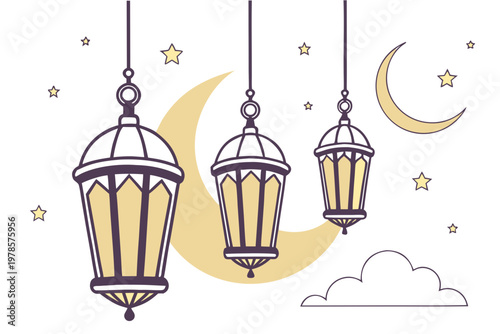 A minimalist vector illustration of hanging lanterns under a crescent moon and stars