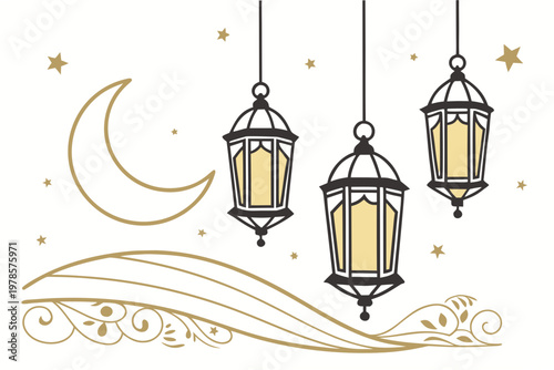 A vector graphic illustration of hanging lanterns under a crescent moon with stars and decorative swirls