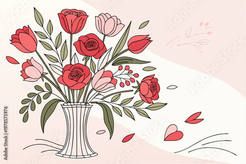 A beautiful vector illustration of a vase filled with vibrant tulips and leaves on a soft pink background