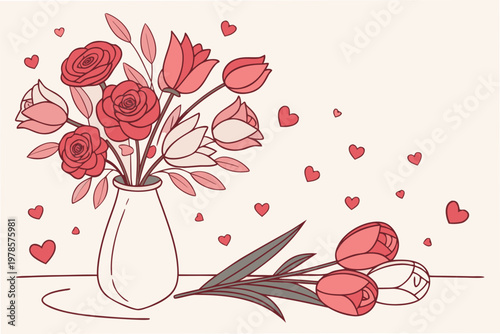 A minimalist vector illustration of a vase with roses and tulips surrounded by hearts