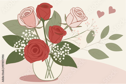 A beautiful vector illustration of a bouquet of roses in a vase with hearts