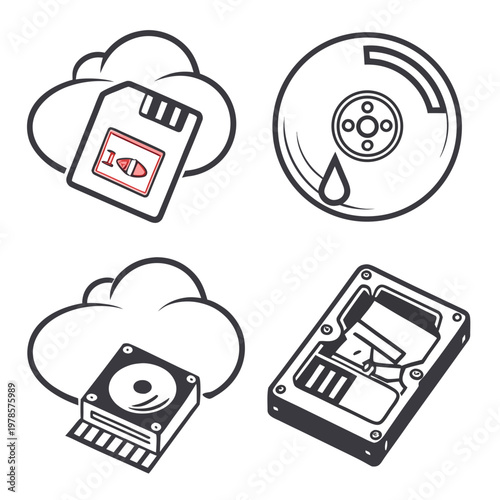 A set of four computer storage devices and cloud icons in a flat, minimalist design style