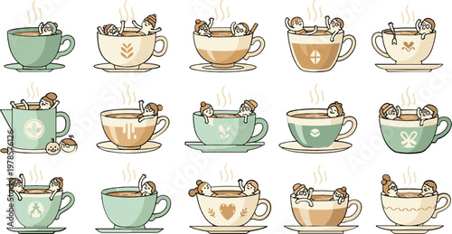 Cute Coffee Cup Collection with Steam, Beans, and Warm Drinks – Vector Illustration Set