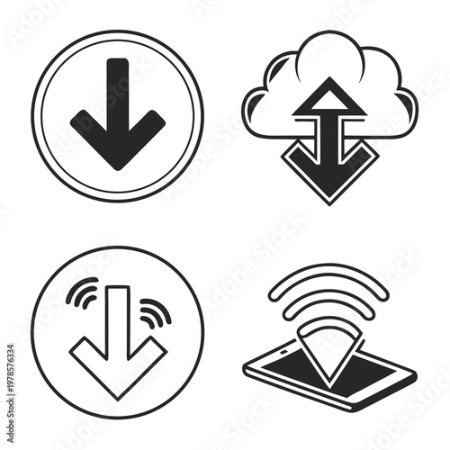 A set of four black and white vector icons depicting download and upload symbols