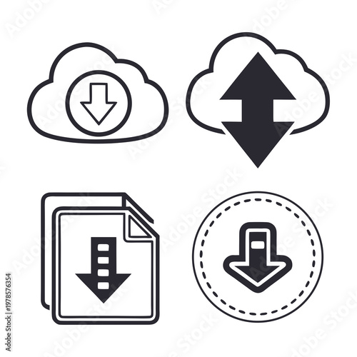 A set of four black and white vector icons depicting cloud and file download symbols