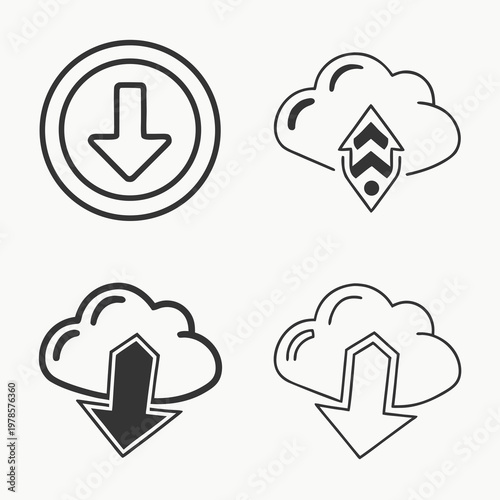 A set of four cloud download icons in a simple line art style