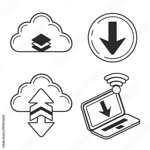A set of four black and white vector icons depicting cloud computing and data transfer concepts