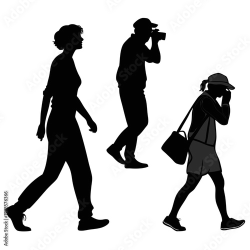 A vector graphic illustration of three silhouetted people walking in different poses on a white background
