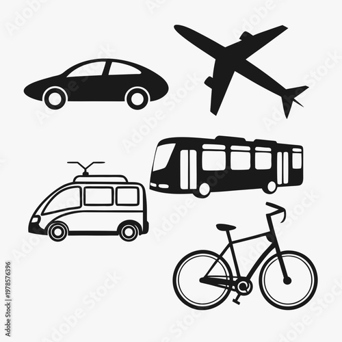 A set of black and white vector graphic transportation icons including a car, airplane, bus, van, and bicycle.