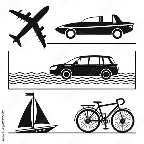 A set of black silhouette icons depicting various modes of transportation including an airplane, car, SUV, sailboat, and bicycle.