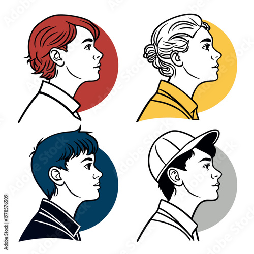 A set of four minimalist profile illustrations of people with different hairstyles and colors