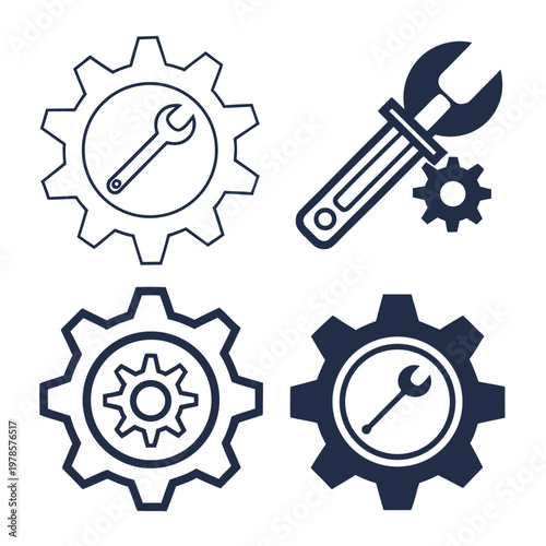 A set of gear icons with wrenches for mechanics and engineering