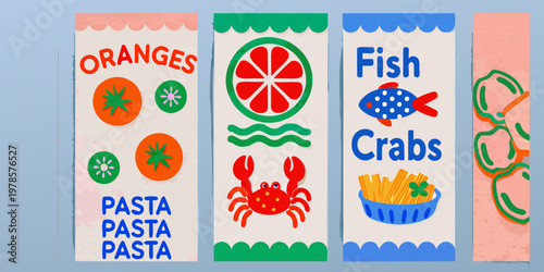 Colorful food themed vintage style labels displayed in a row