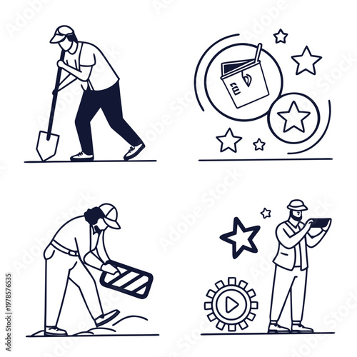 A set of four vector icons depicting people working and achieving success