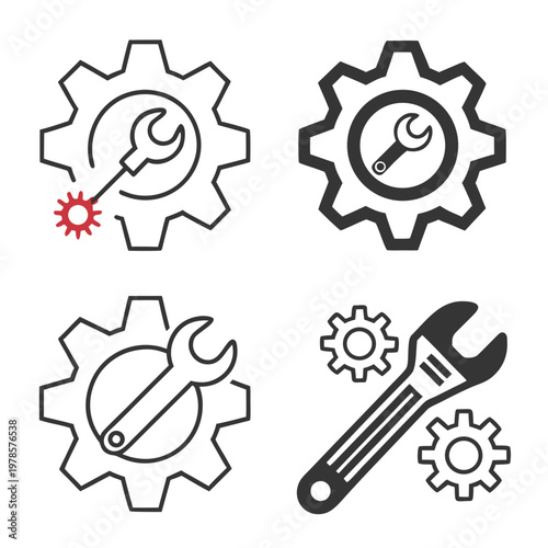 A set of four gear and wrench icons in different design styles and colors