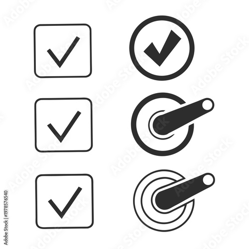 A set of black and white vector graphic icons featuring checkmarks and toggle switches on a clean white background