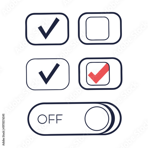 A set of vector graphic icons featuring checkboxes and a toggle switch