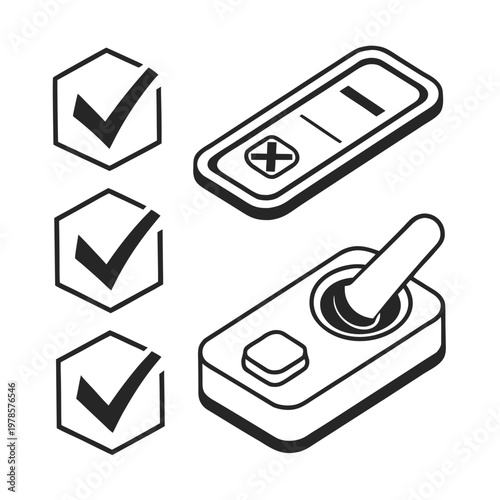 A black and white vector graphic of a battery and toggle switch with checkmarks
