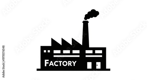 Industrial Factory Building with Smoke Emitting from Chimney.
