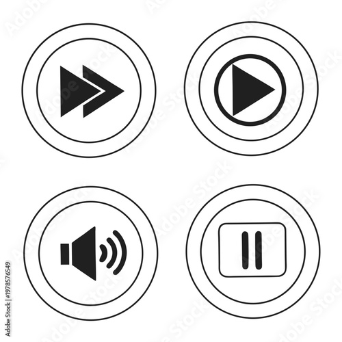 A set of four black and white vector icons representing media player controls