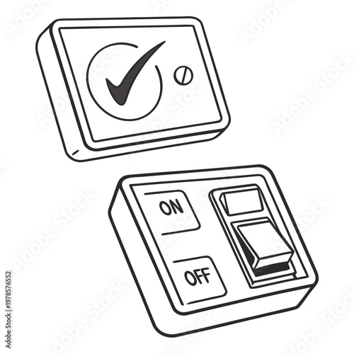 A vector graphic illustration of two electrical switches, one with a checkmark and the other with on and off positions.