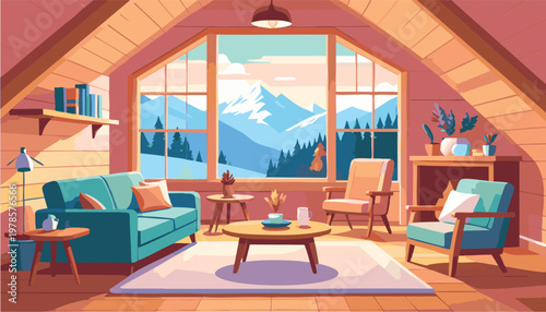 vector Cozy Attic Living Room with Mountain View