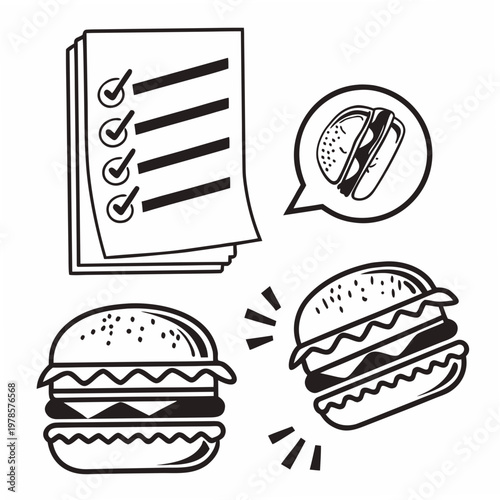 A black and white vector graphic illustration of a checklist with hamburger icons